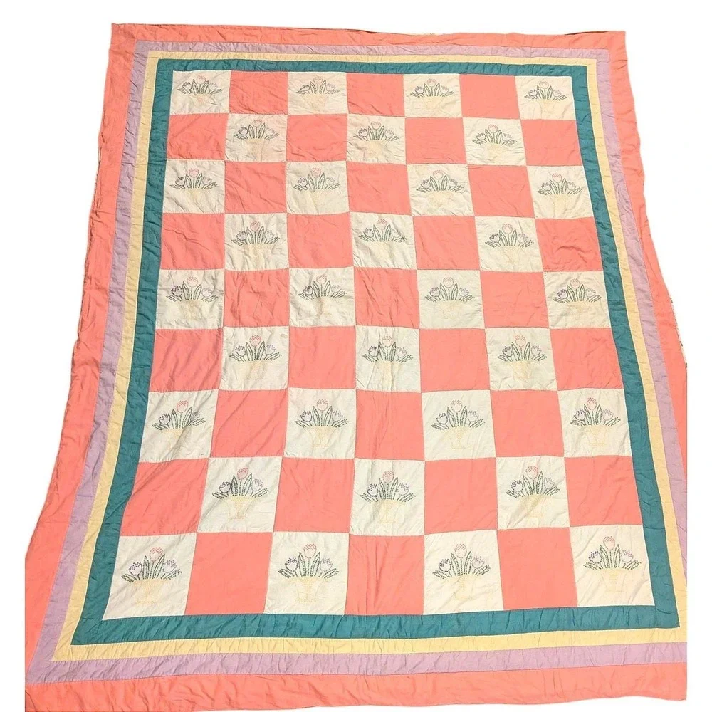 Vintage Handmade Cross Stitch‎ Tulip Basket Patchwork Quilt Pink Pastel 92x76 in